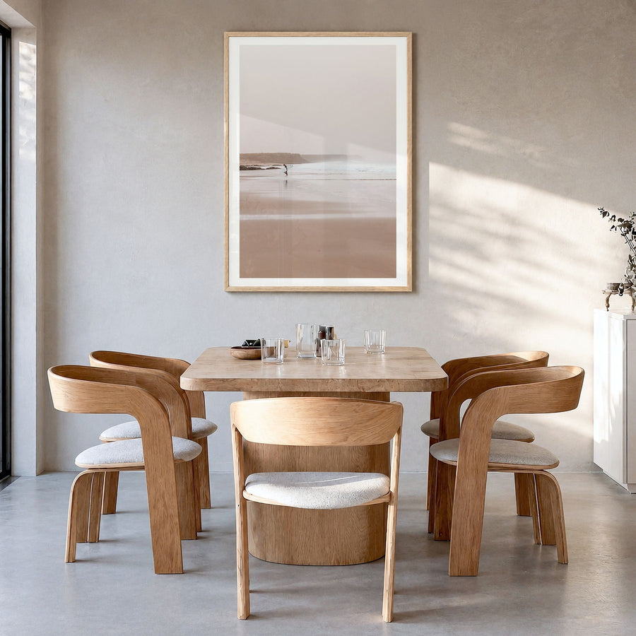 Surfer Photo No 2 Poster in a natural wood frame, hanging in a dining room, white border