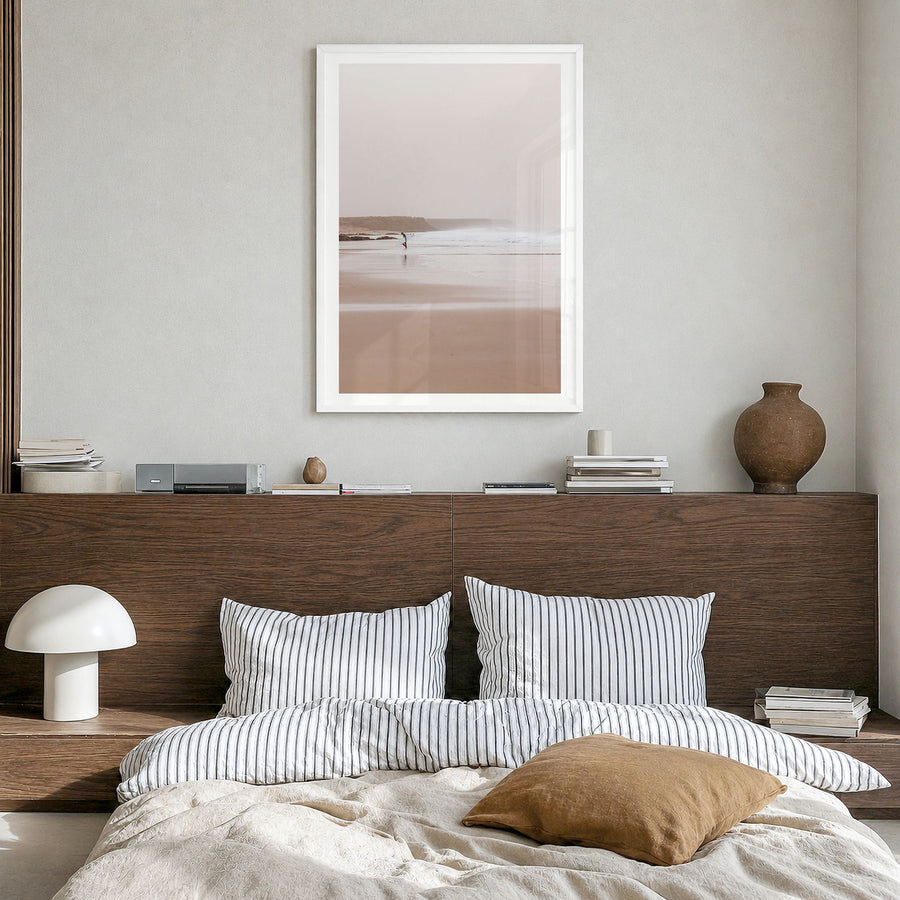 Surfer Photo No 2 Poster in a white wood frame, hanging in a bedroom, white border