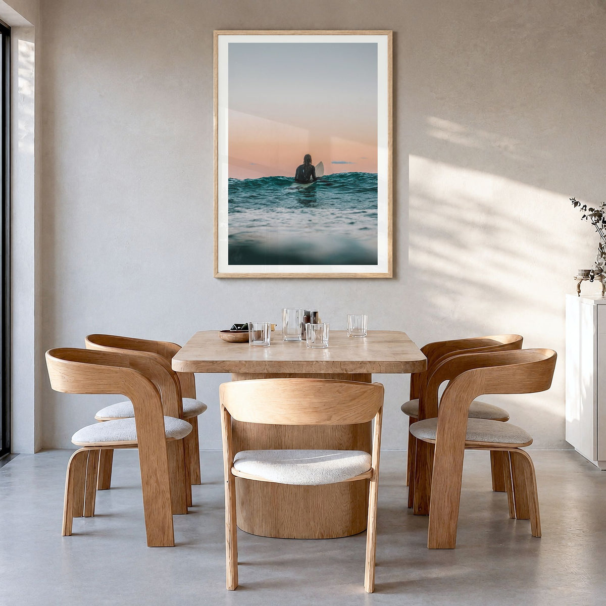 Surfer Photo No 3 Poster in a natural wood frame, hanging in a dining room, white border