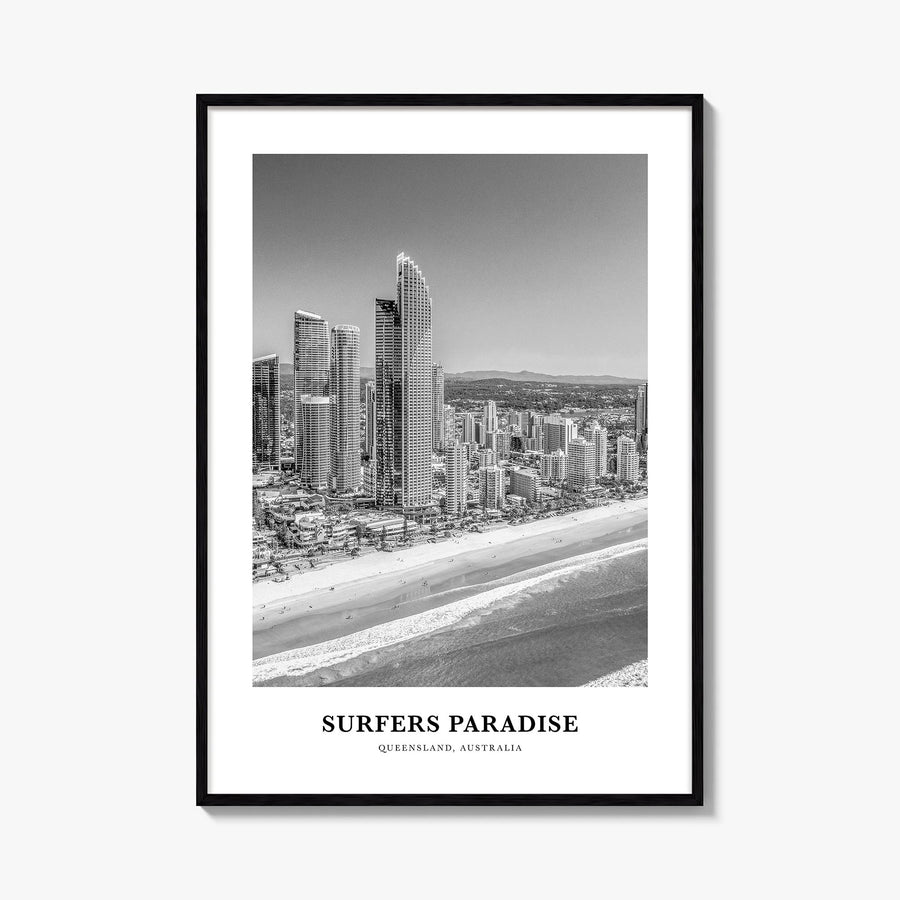 Surfers Paradise black & white classic poster of Australia – vertical wall art, unframed print shown in interior mockup