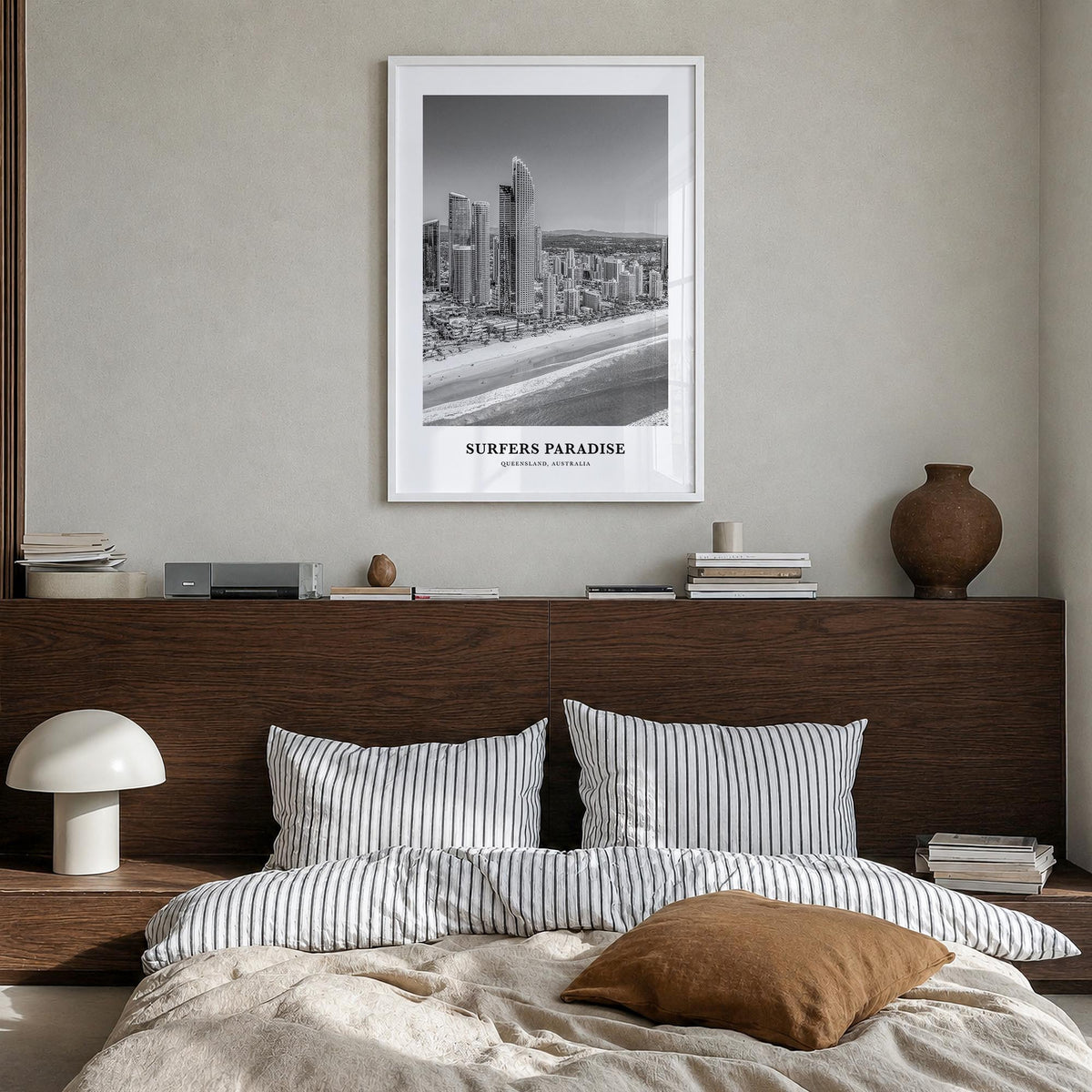 Surfers Paradise black & white classic poster of Australia – vertical wall art in white wood frame, hanging on wall