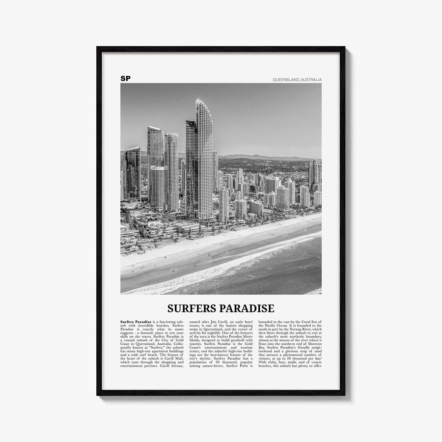 Surfers Paradise black & white newspaper poster of Australia – vertical wall art, unframed print shown in interior mockup