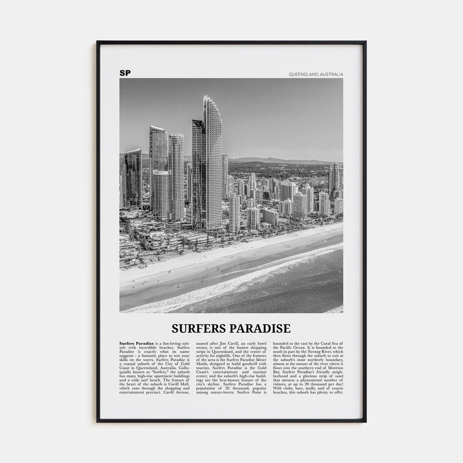 Surfers Paradise Poster Black Metal / 8x12 in Nbourhood Travel B&W Poster