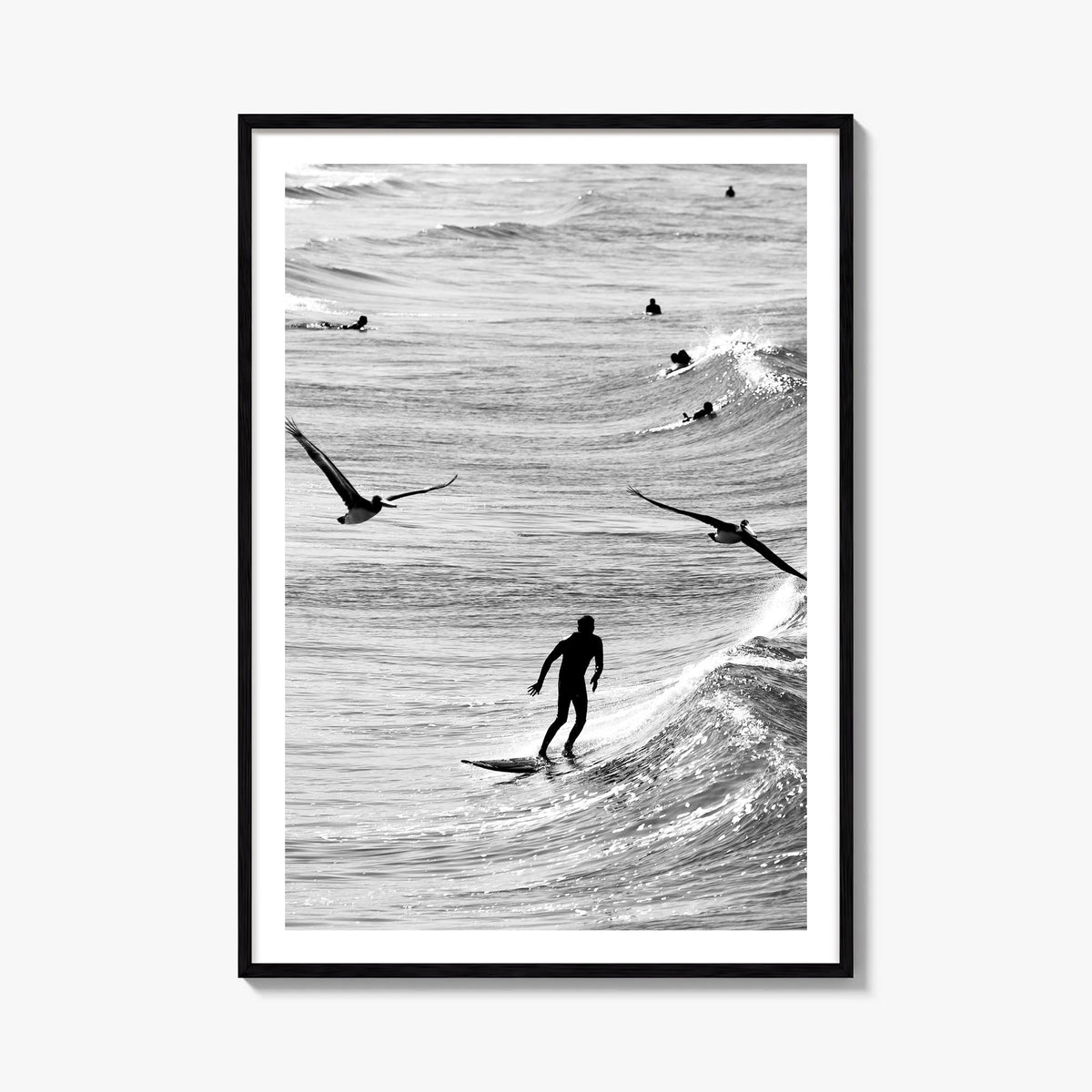 Surfing no. 1 black & white photo poster – vertical wall art, unframed print shown in interior mockup