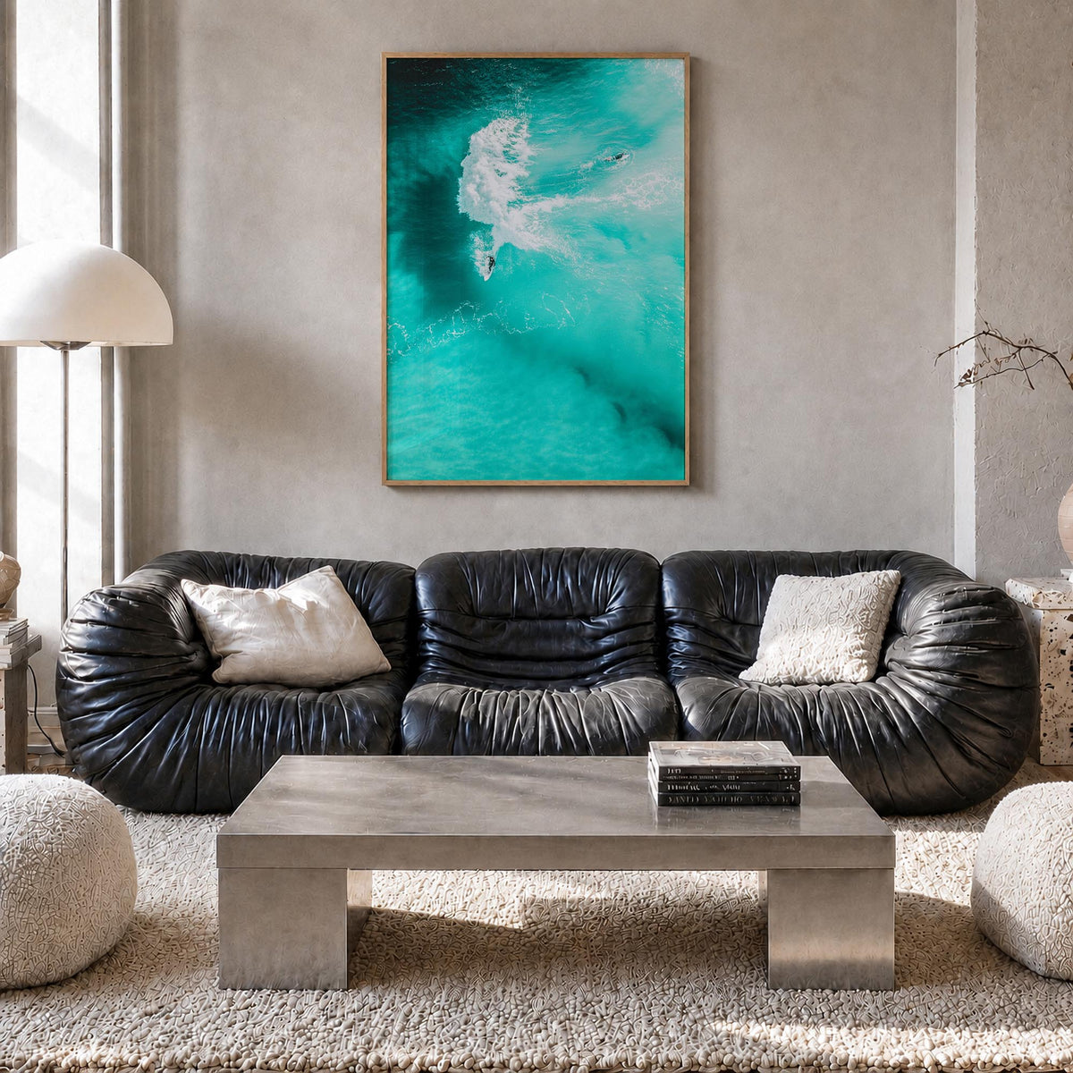 Surfing no. 1 colorful photo poster – vertical wall art in natural wood frame, hanging on wall