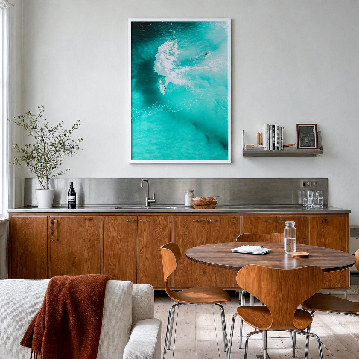 Surfing no. 1 colorful photo poster – vertical wall art in white wood frame, hanging on wall