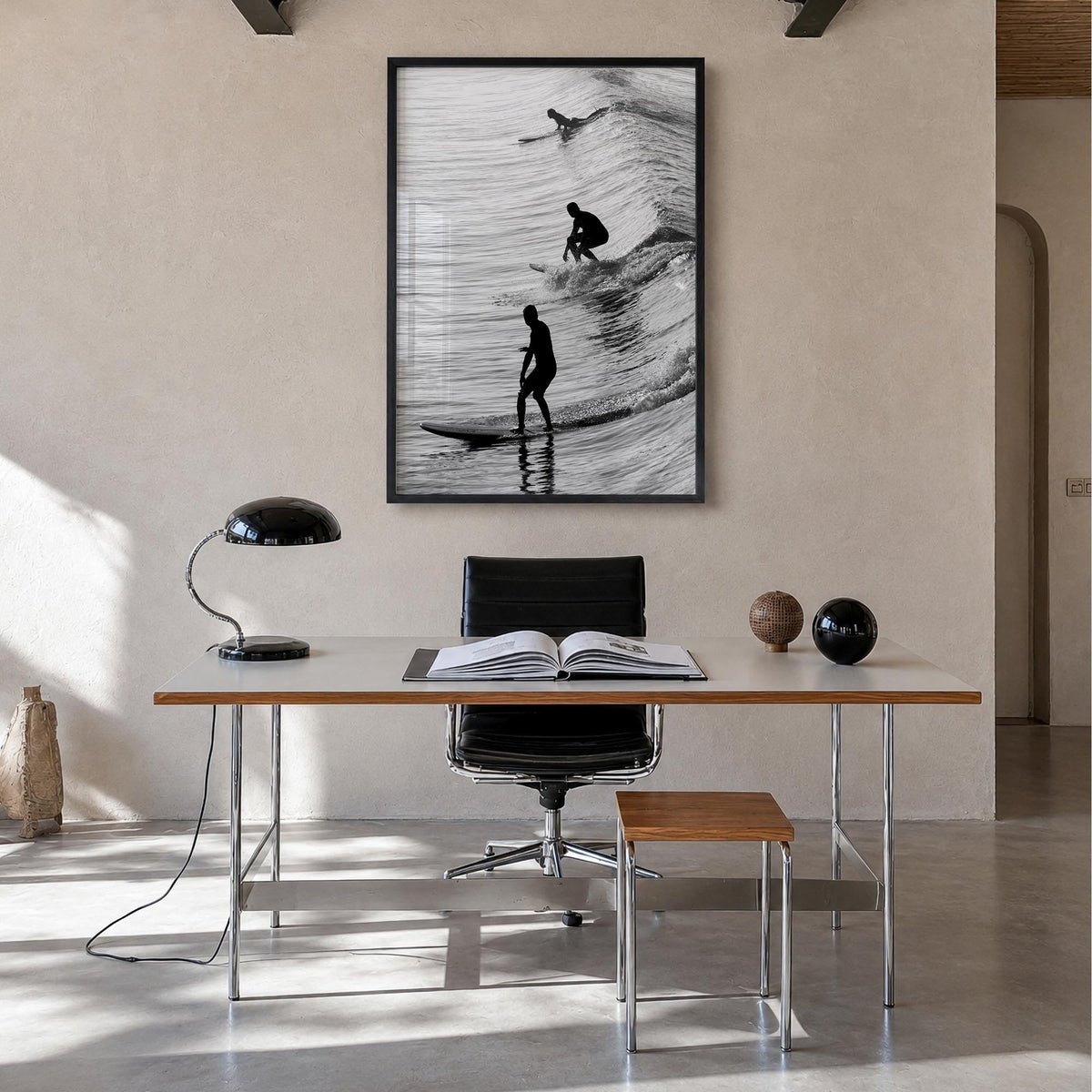 Surfing no. 2 black & white photo poster – vertical wall art in black wood frame, hanging on wall