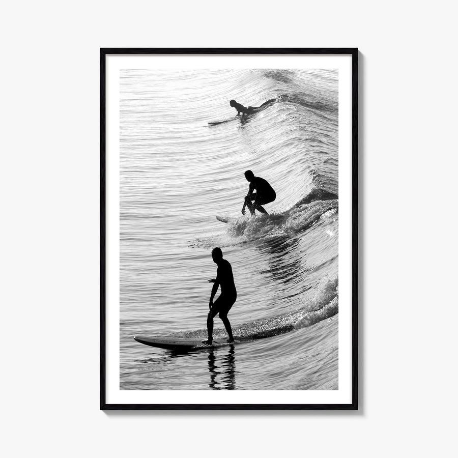 Surfing no. 2 black & white photo poster – vertical wall art, unframed print shown in interior mockup