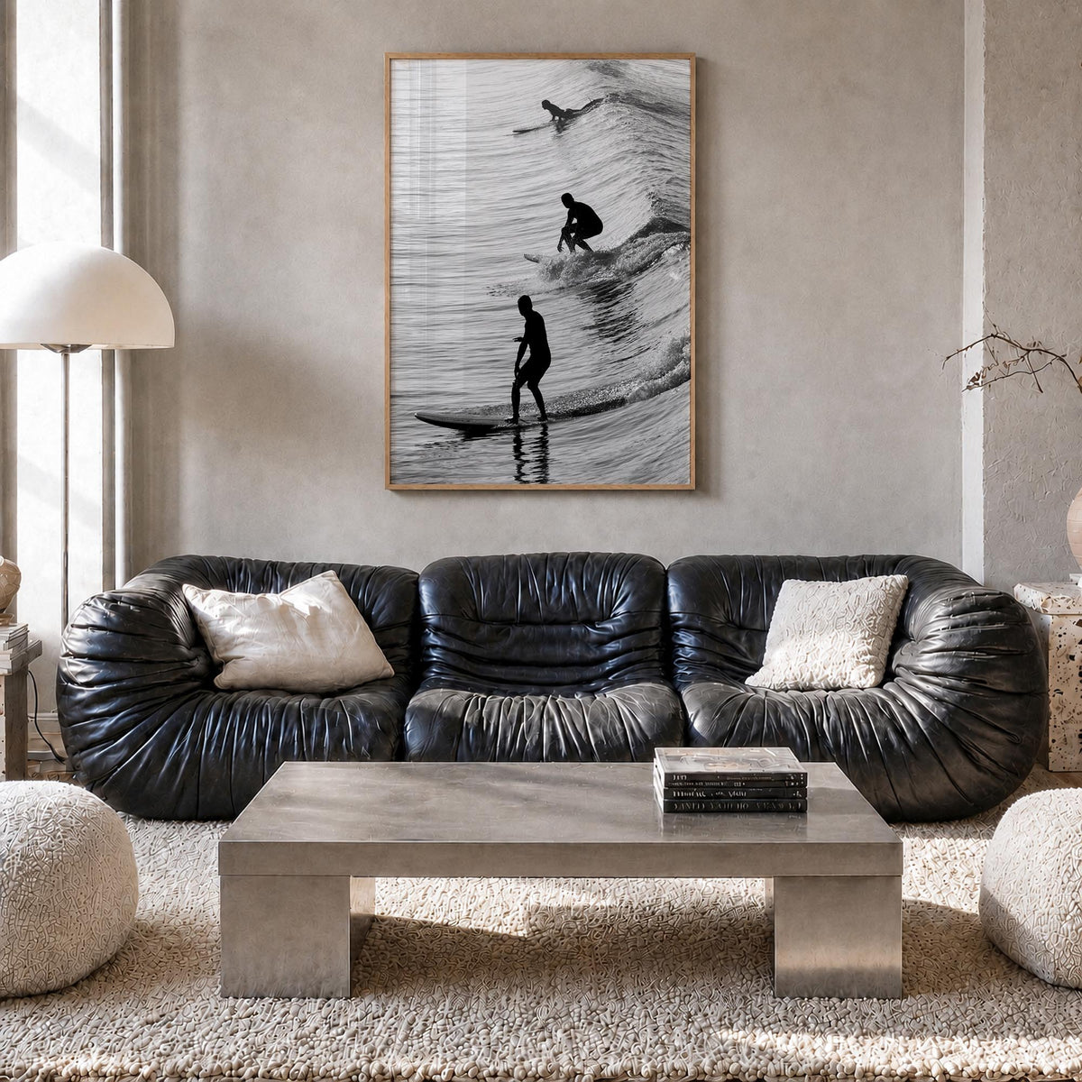 Surfing no. 2 black & white photo poster – vertical wall art in natural wood frame, hanging on wall