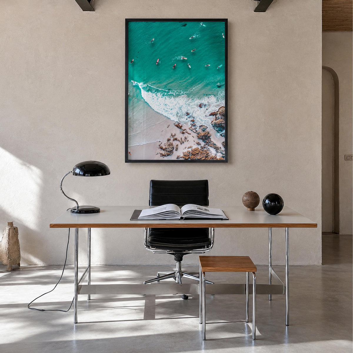 Surfing no. 2 colorful photo poster – vertical wall art in black wood frame, hanging on wall