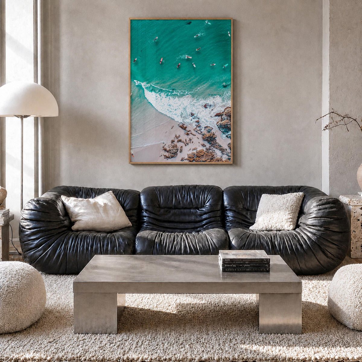 Surfing no. 2 colorful photo poster – vertical wall art in natural wood frame, hanging on wall