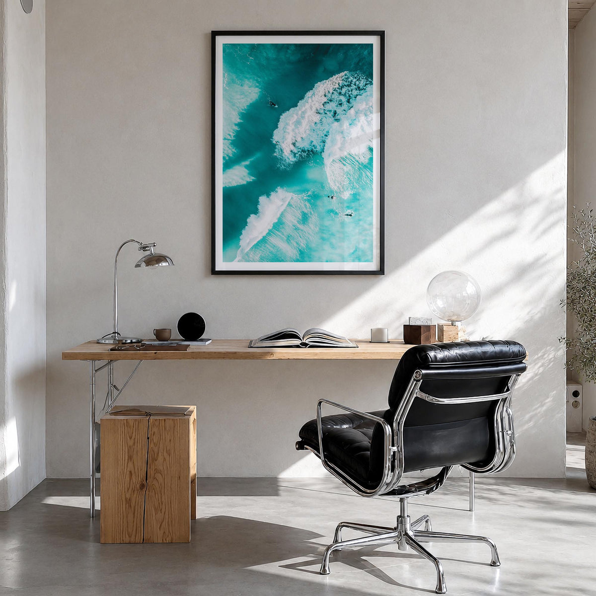 Surfing no. 3 colorful photo poster – vertical wall art in black wood frame with white border, hanging on wall