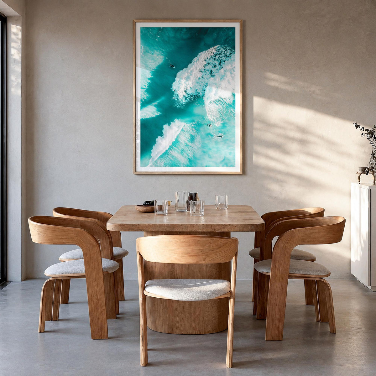 Surfing no. 3 colorful photo poster – vertical wall art in natural wood frame with white border, hanging on wall