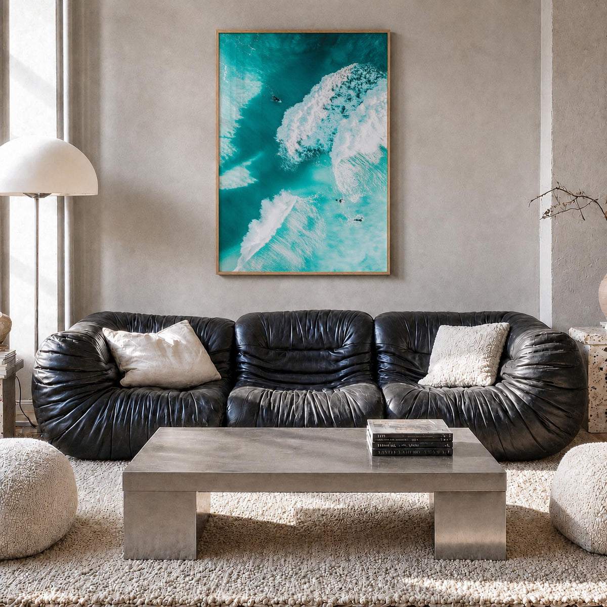 Surfing no. 3 colorful photo poster – vertical wall art in natural wood frame, hanging on wall