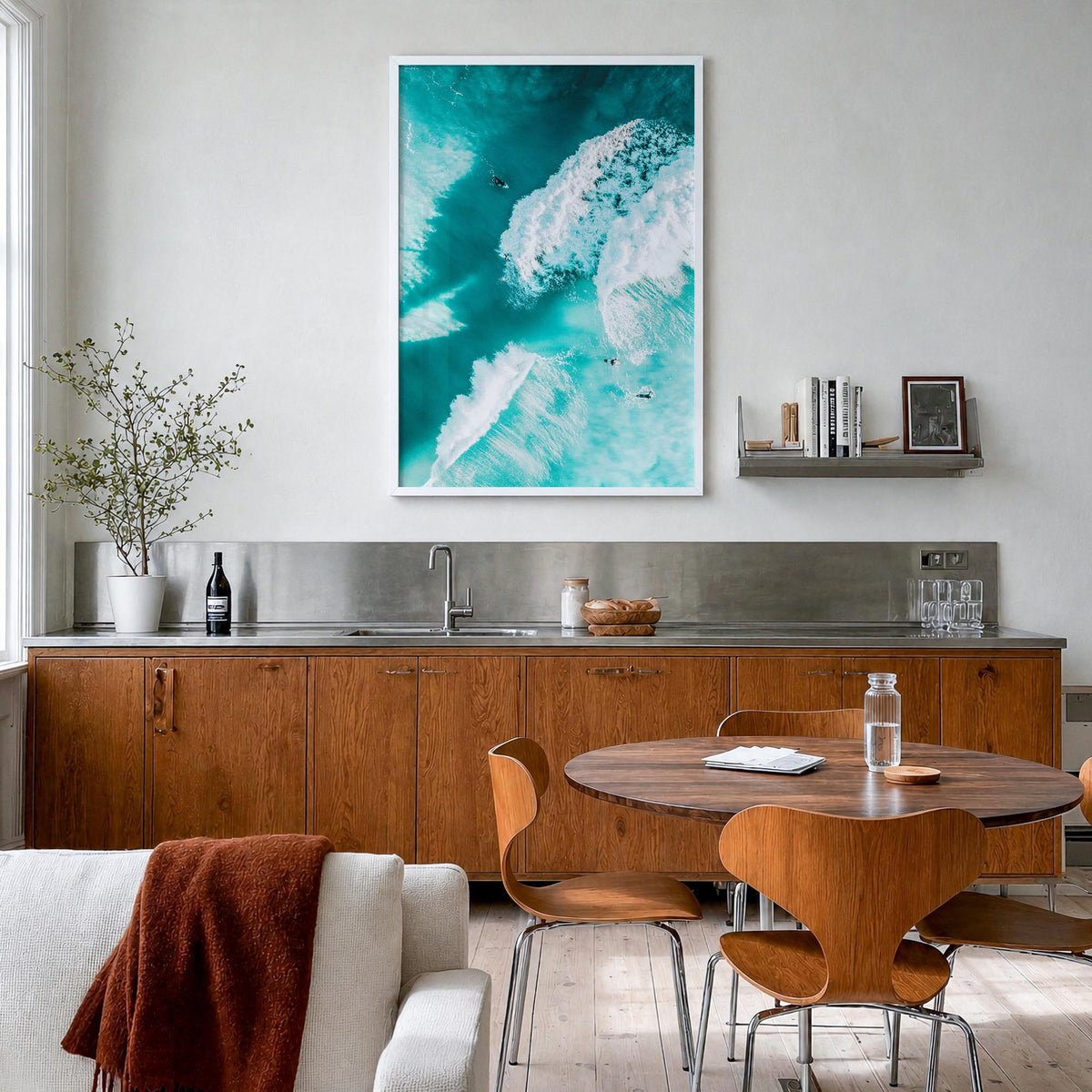Surfing no. 3 colorful photo poster – vertical wall art in white wood frame, hanging on wall