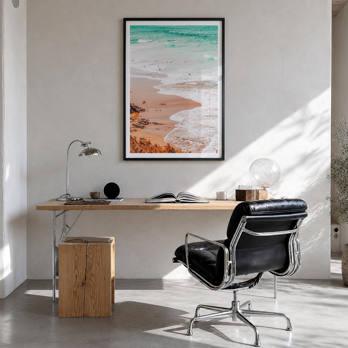 Surfing no. 4 colorful photo poster – vertical wall art in black wood frame with white border, hanging on wall