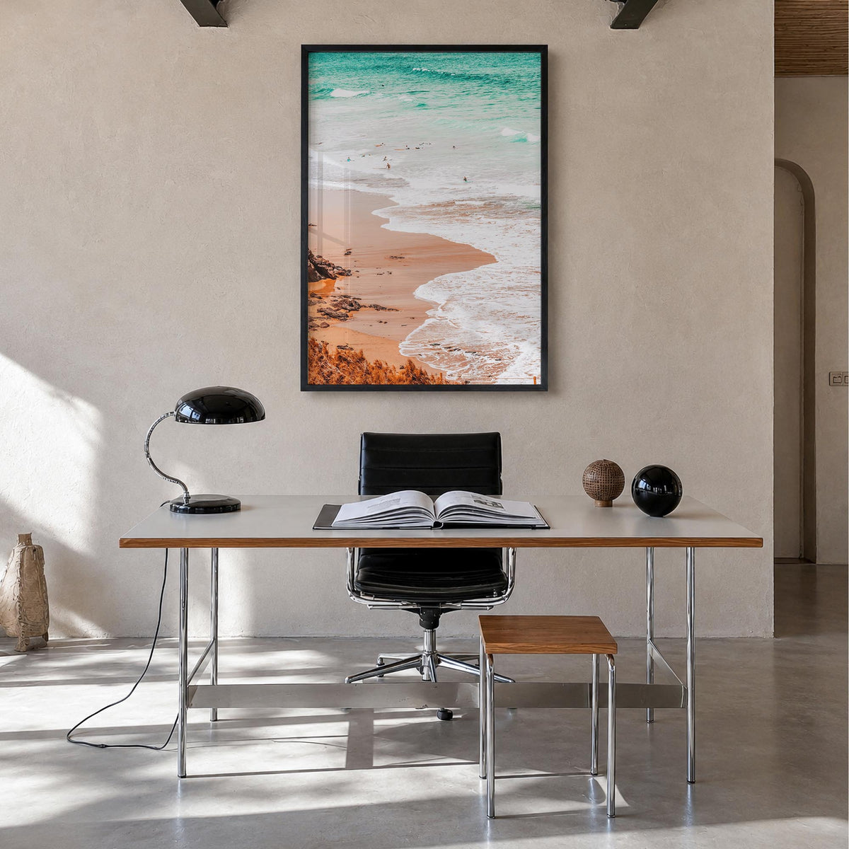 Surfing no. 4 colorful photo poster – vertical wall art in black wood frame, hanging on wall
