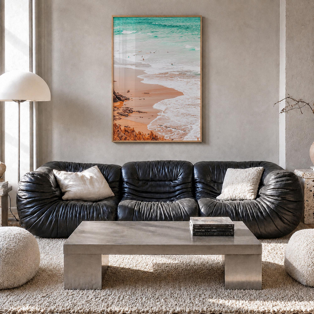 Surfing no. 4 colorful photo poster – vertical wall art in natural wood frame, hanging on wall
