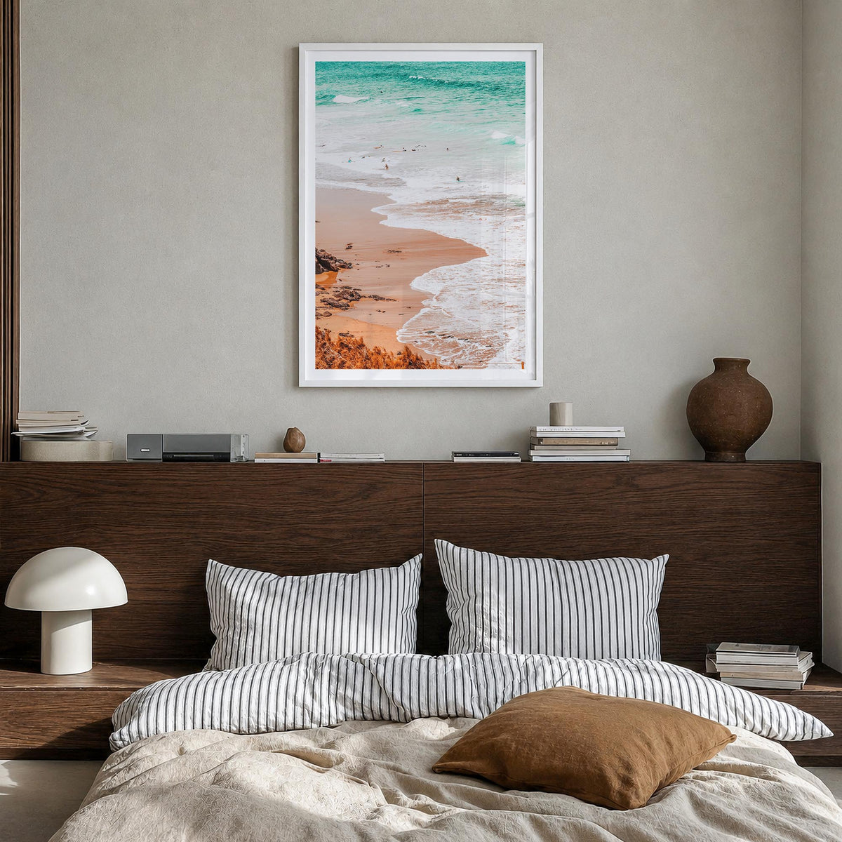 Surfing no. 4 colorful photo poster – vertical wall art in white wood frame with white border, hanging on wall