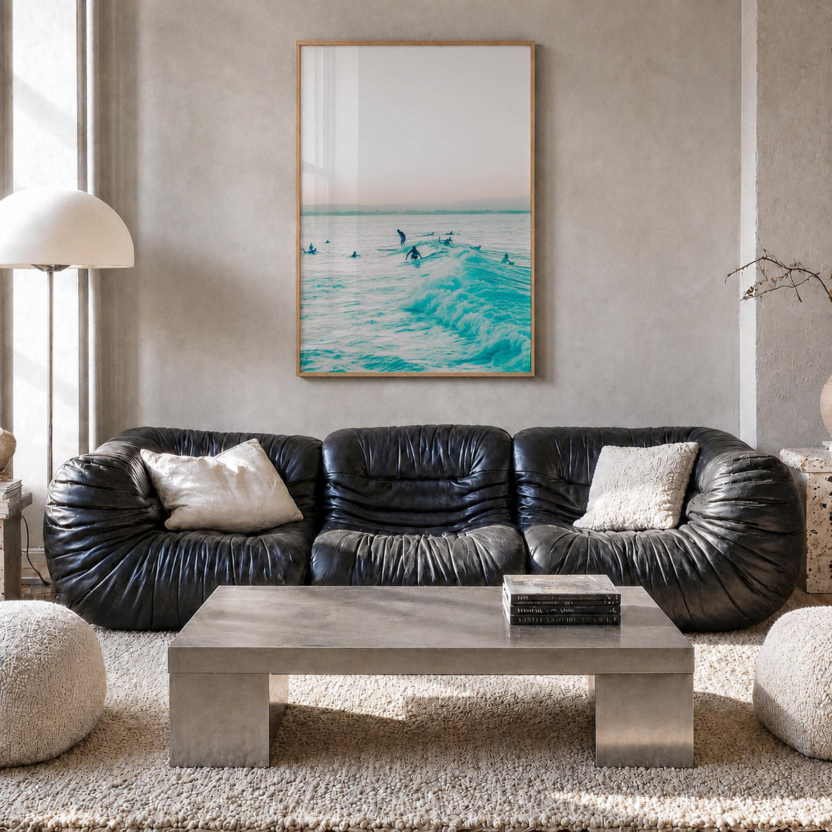Surfing no. 5 colorful photo poster – vertical wall art in natural wood frame, hanging on wall
