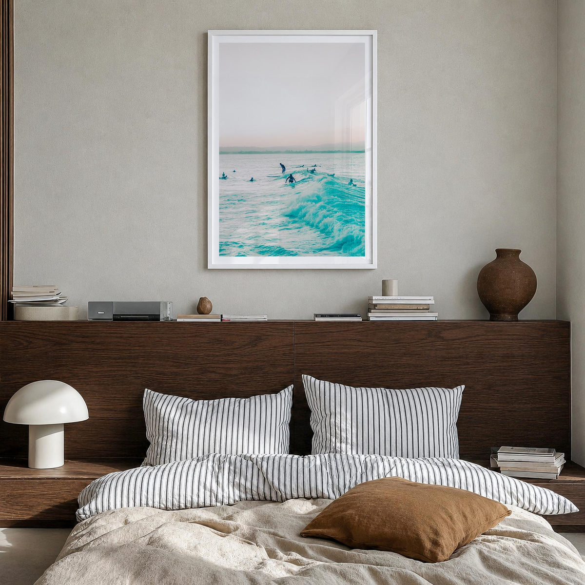 Surfing no. 5 colorful photo poster – vertical wall art in white wood frame with white border, hanging on wall