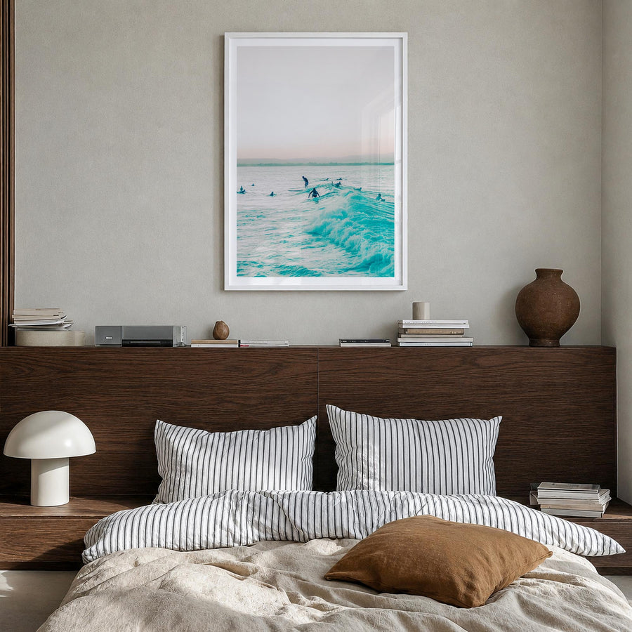 Surfing no. 5 colorful photo poster – vertical wall art in white wood frame with white border, hanging on wall