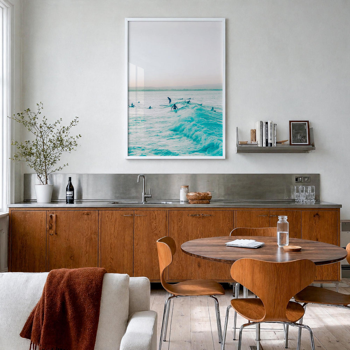 Surfing no. 5 colorful photo poster – vertical wall art in white wood frame, hanging on wall