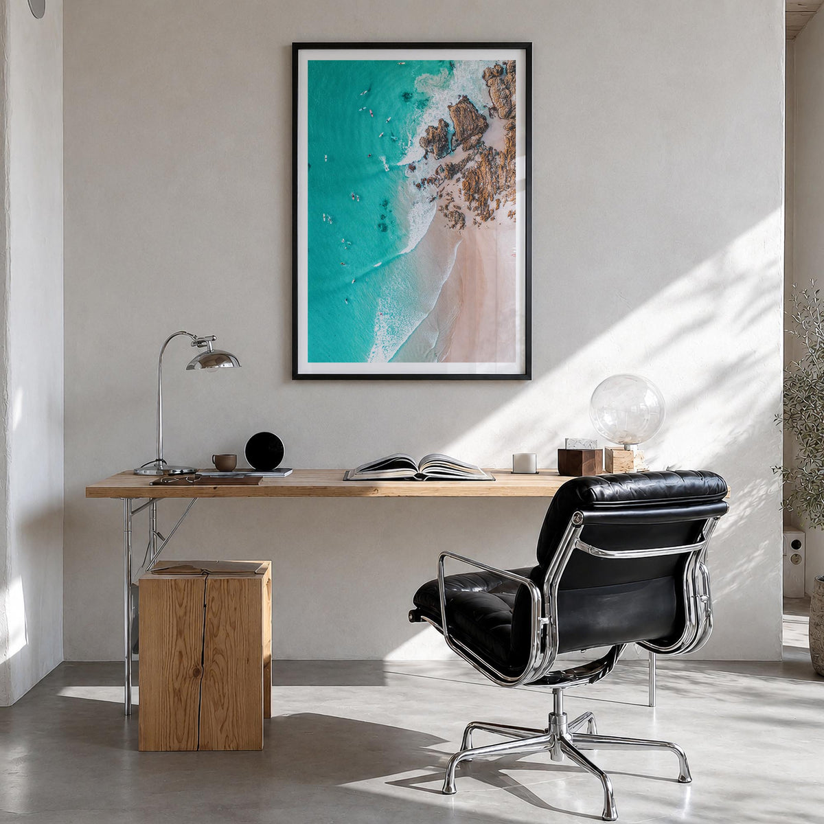Surfing no. 6 colorful photo poster – vertical wall art in black wood frame with white border, hanging on wall