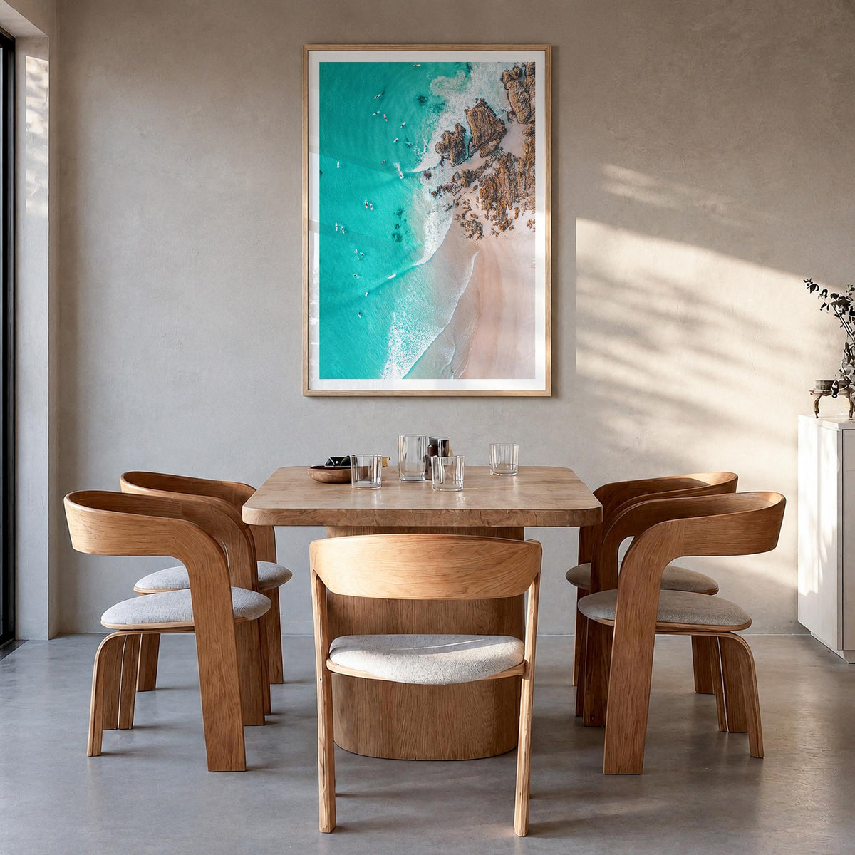 Surfing no. 6 colorful photo poster – vertical wall art in natural wood frame with white border, hanging on wall