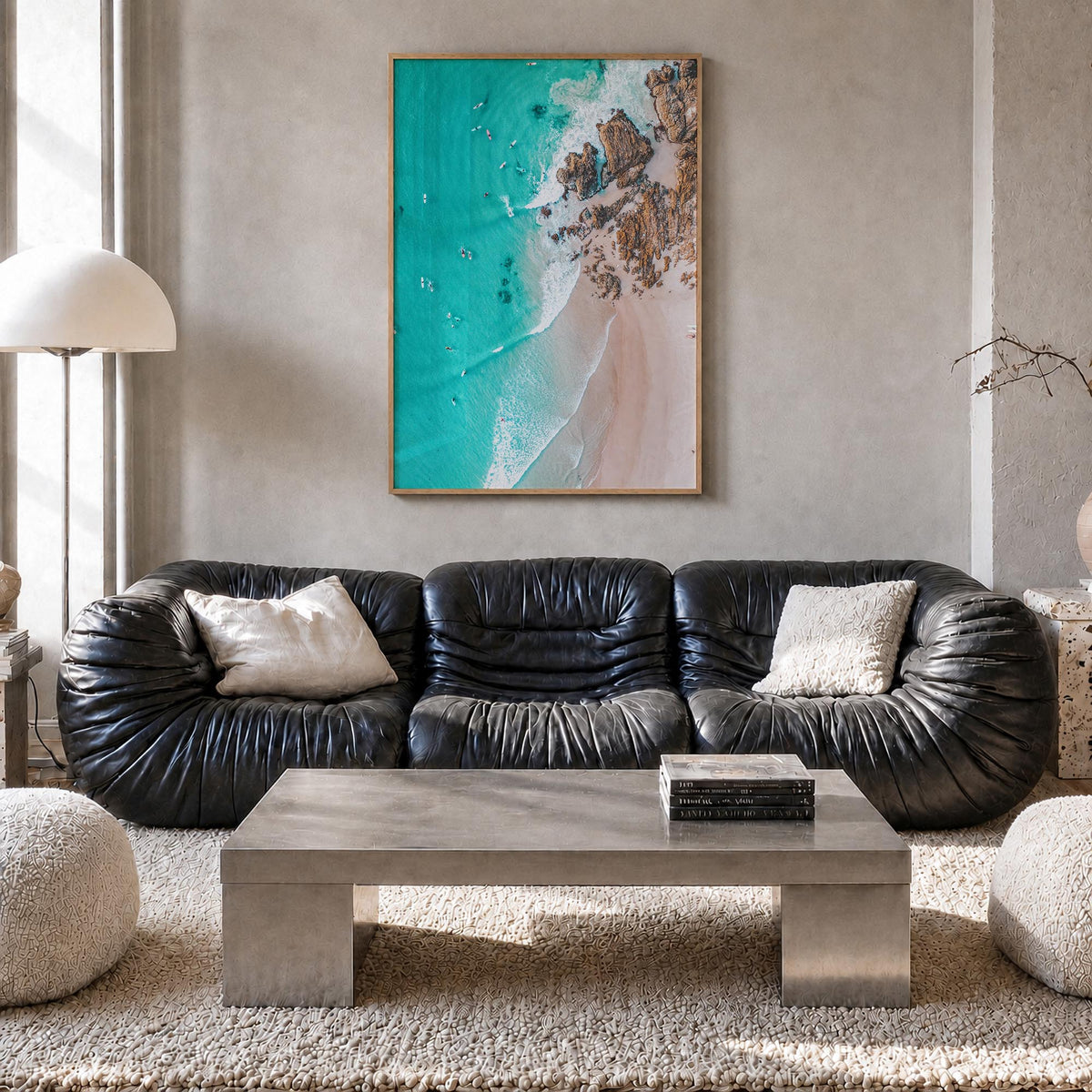 Surfing no. 6 colorful photo poster – vertical wall art in natural wood frame, hanging on wall