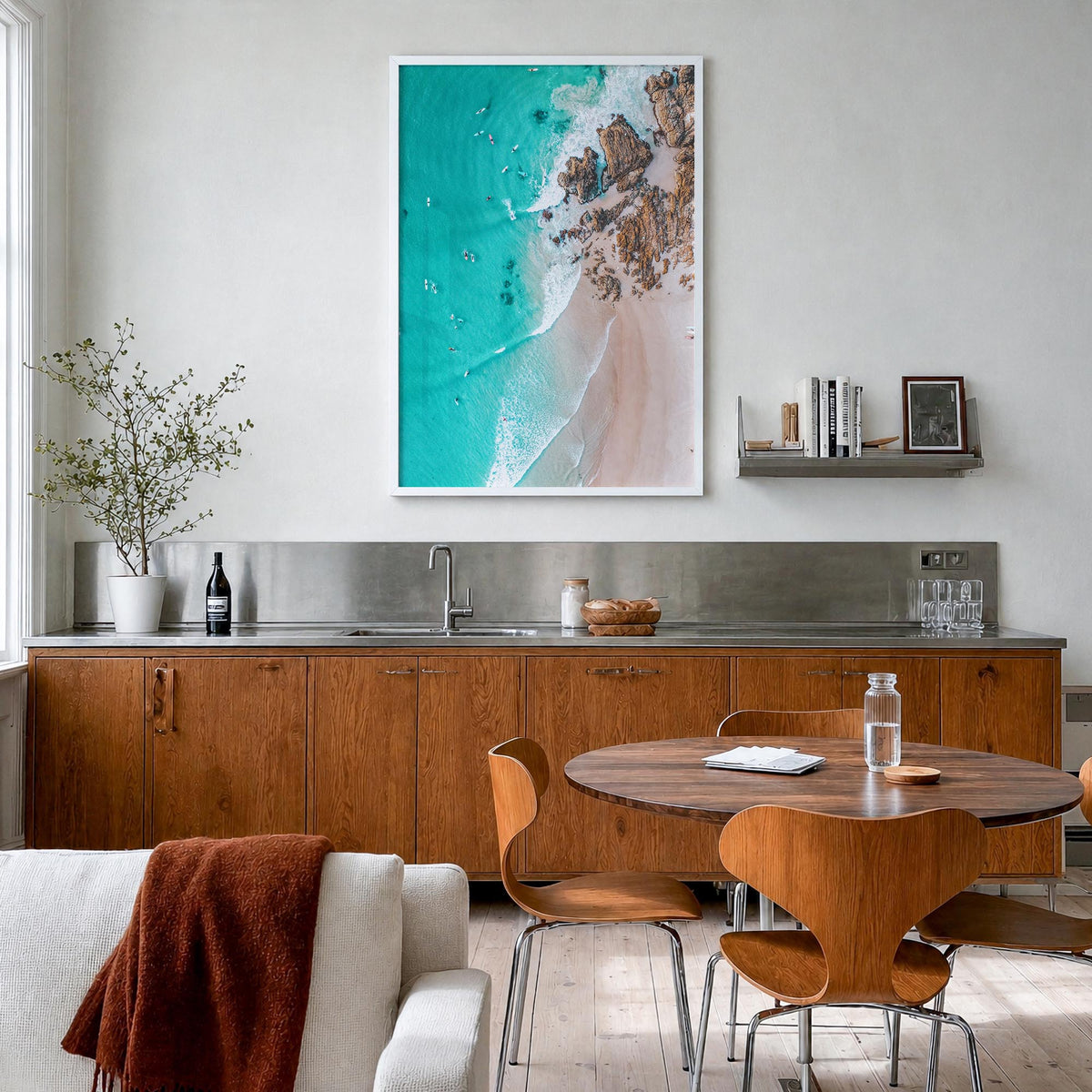 Surfing no. 6 colorful photo poster – vertical wall art in white wood frame, hanging on wall