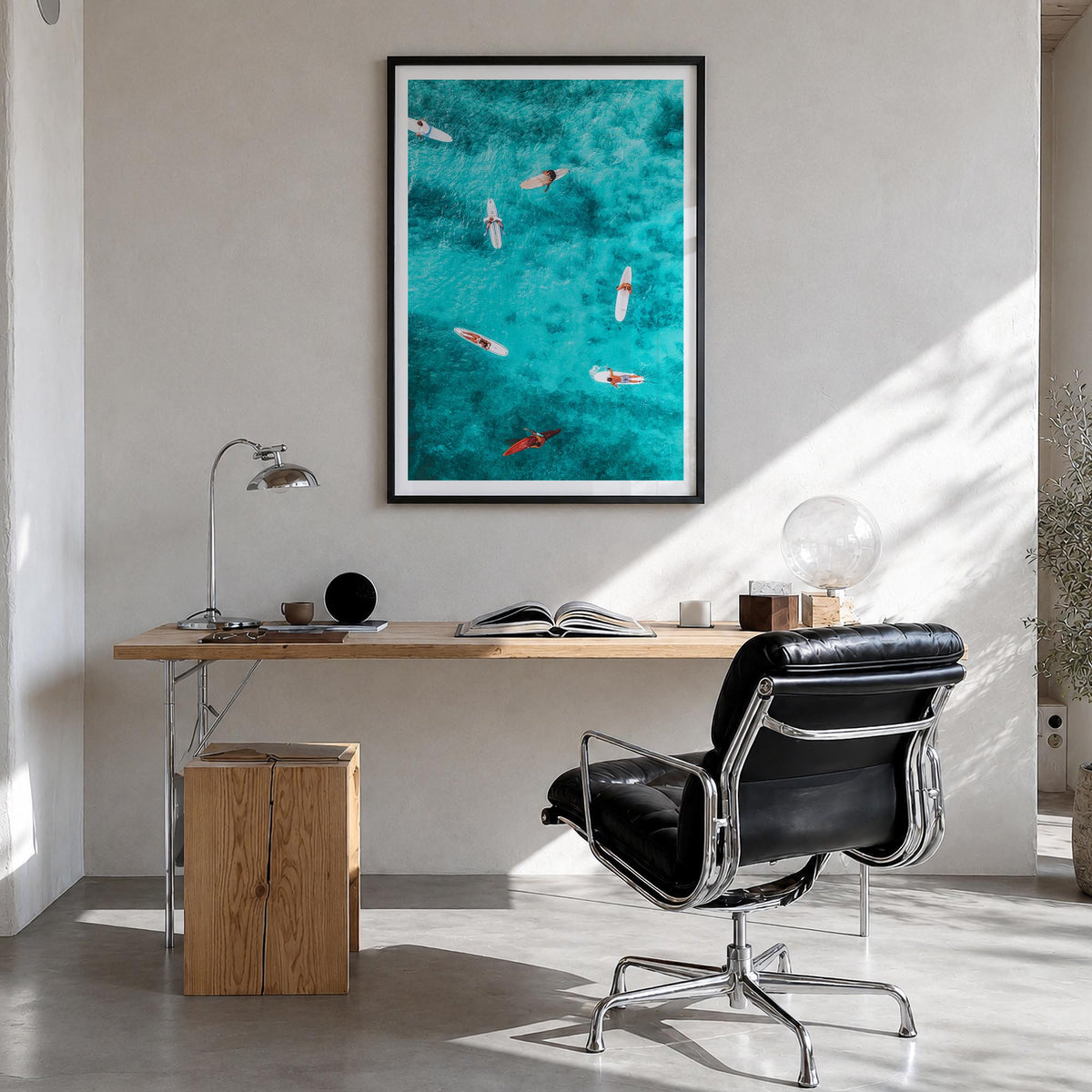 Surfing no. 7 colorful photo poster – vertical wall art in black wood frame with white border, hanging on wall