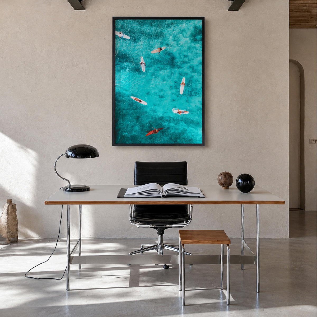 Surfing no. 7 colorful photo poster – vertical wall art in black wood frame, hanging on wall
