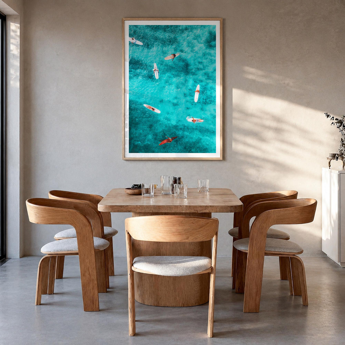 Surfing no. 7 colorful photo poster – vertical wall art in natural wood frame with white border, hanging on wall