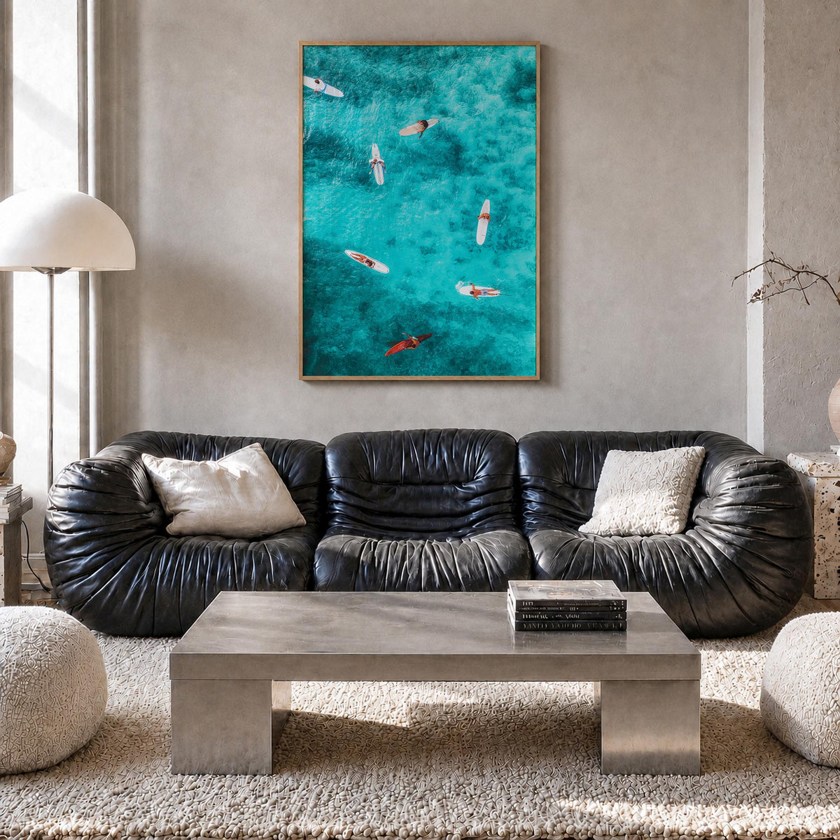Surfing no. 7 colorful photo poster – vertical wall art in natural wood frame, hanging on wall