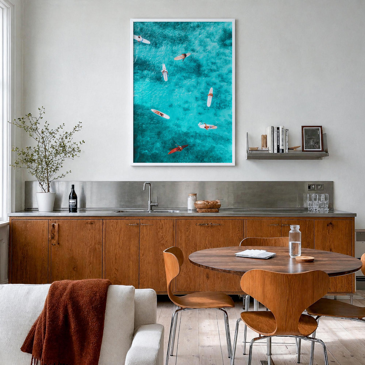 Surfing no. 7 colorful photo poster – vertical wall art in white wood frame, hanging on wall