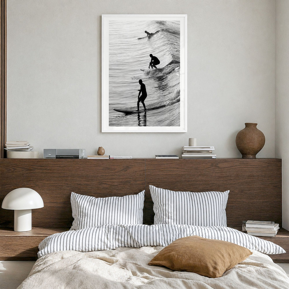 Surfing Photo No 2 Poster in a white wood frame, hanging in a bedroom, white border