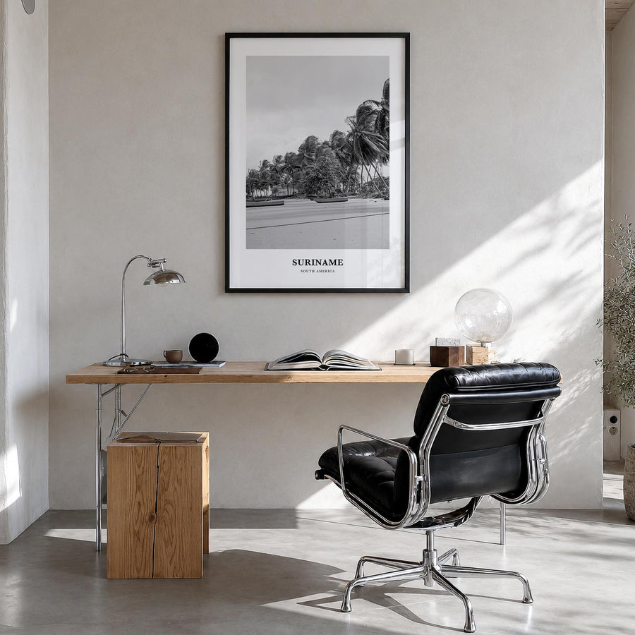 Suriname black & white classic poster of South America – vertical wall art in black wood frame, hanging on wall
