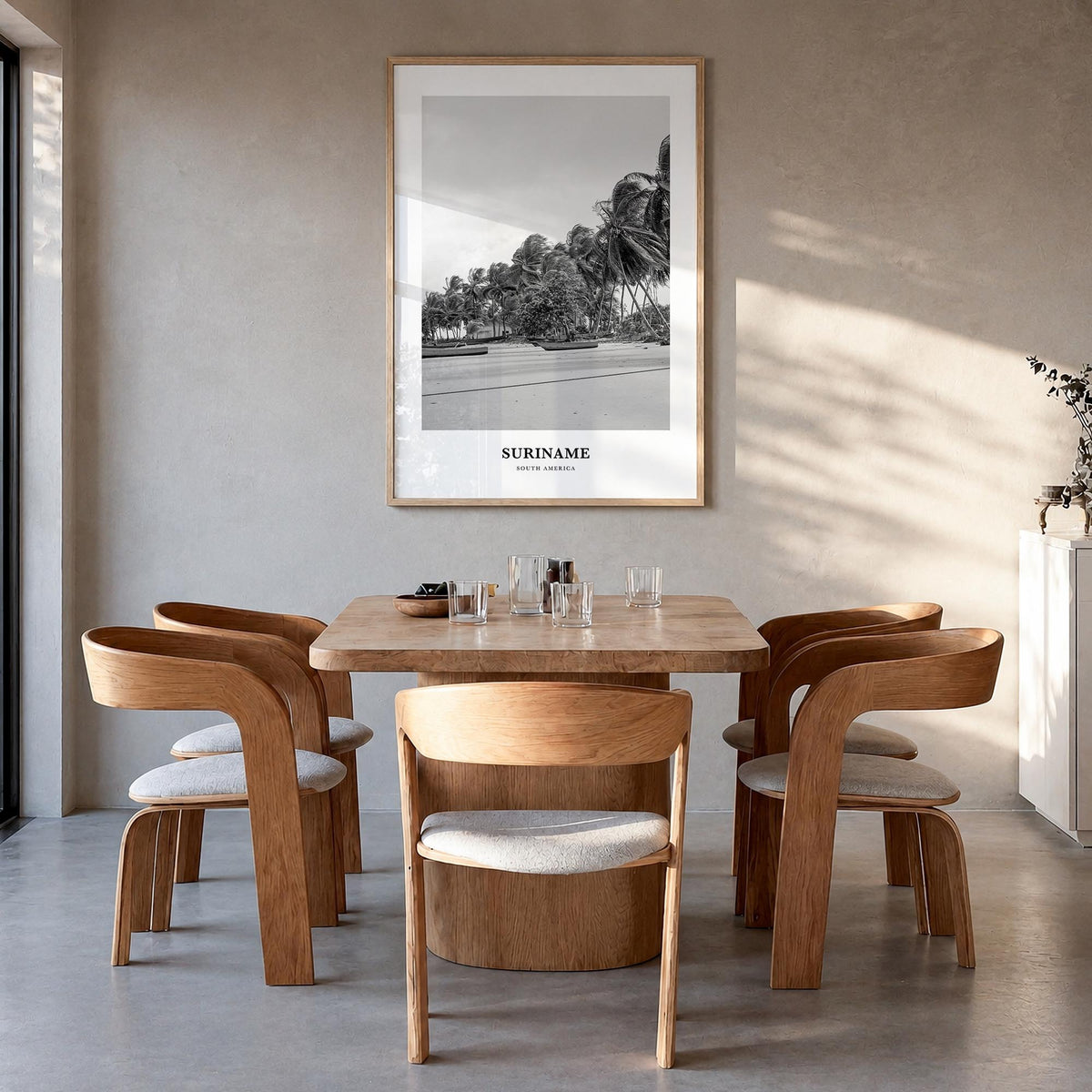 Suriname black & white classic poster of South America – vertical wall art in natural wood frame, hanging on wall