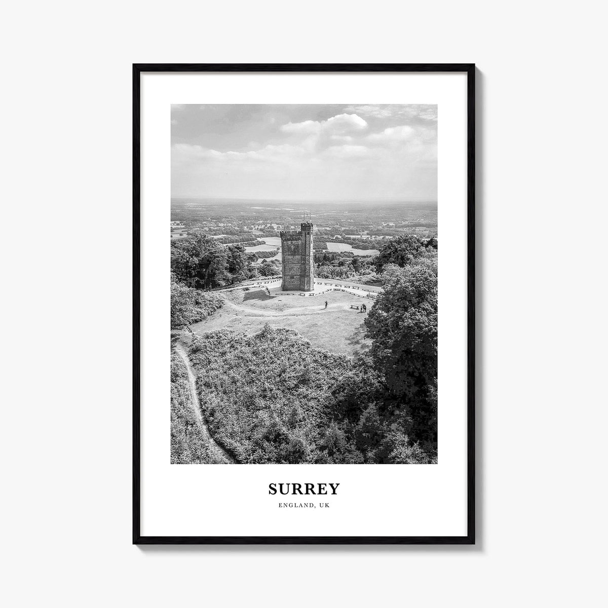 Surrey black & white classic poster of England, UK – vertical wall art, unframed print shown in interior mockup