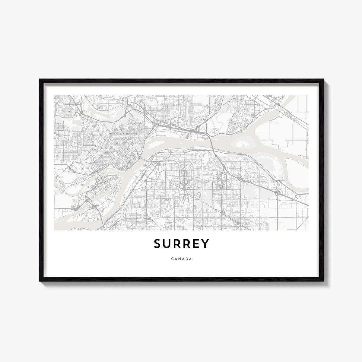 Surrey black & white map poster of England, UK – horizontal wall art, unframed print shown in interior mockup