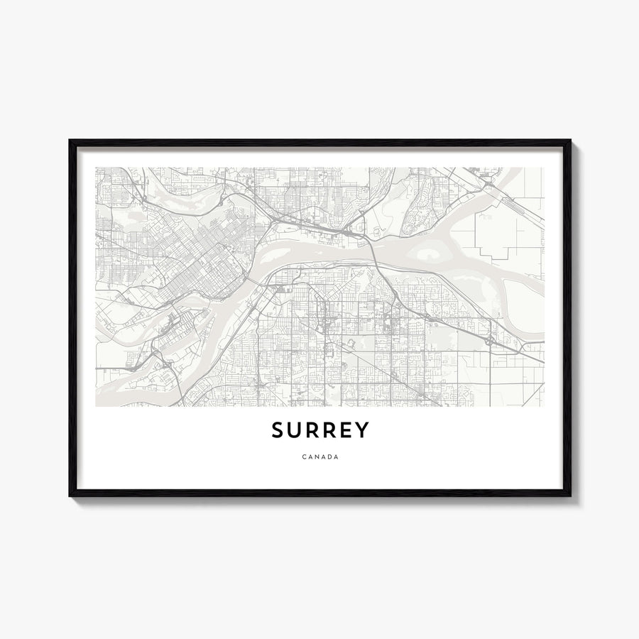 Surrey black & white map poster of England, UK – horizontal wall art, unframed print shown in interior mockup