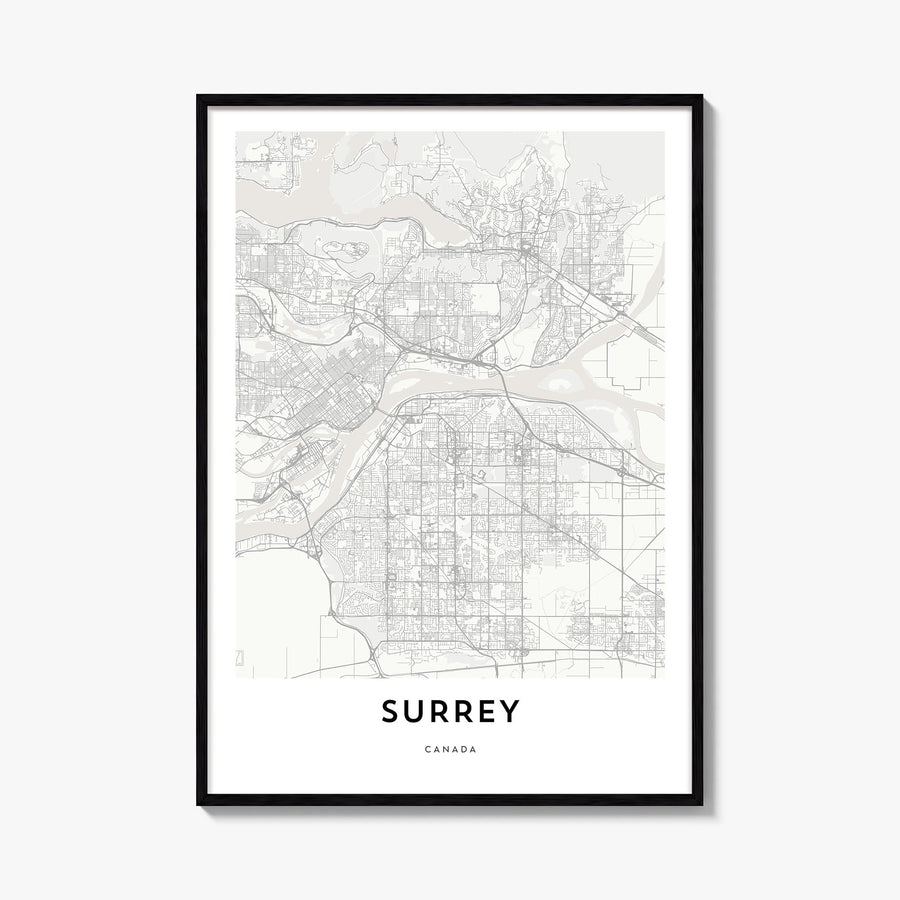 Surrey black & white map poster of England, UK – vertical wall art, unframed print shown in interior mockup