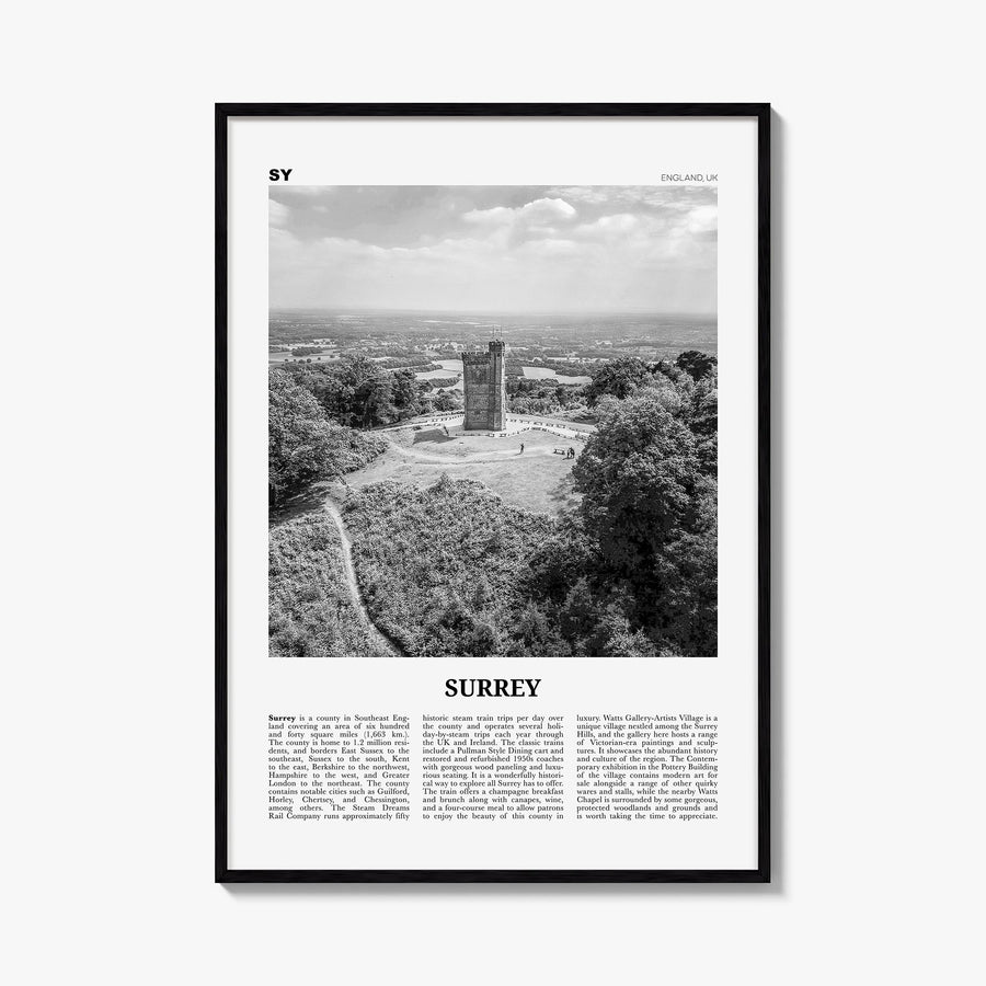 Surrey black & white newspaper poster of England, UK – vertical wall art, unframed print shown in interior mockup