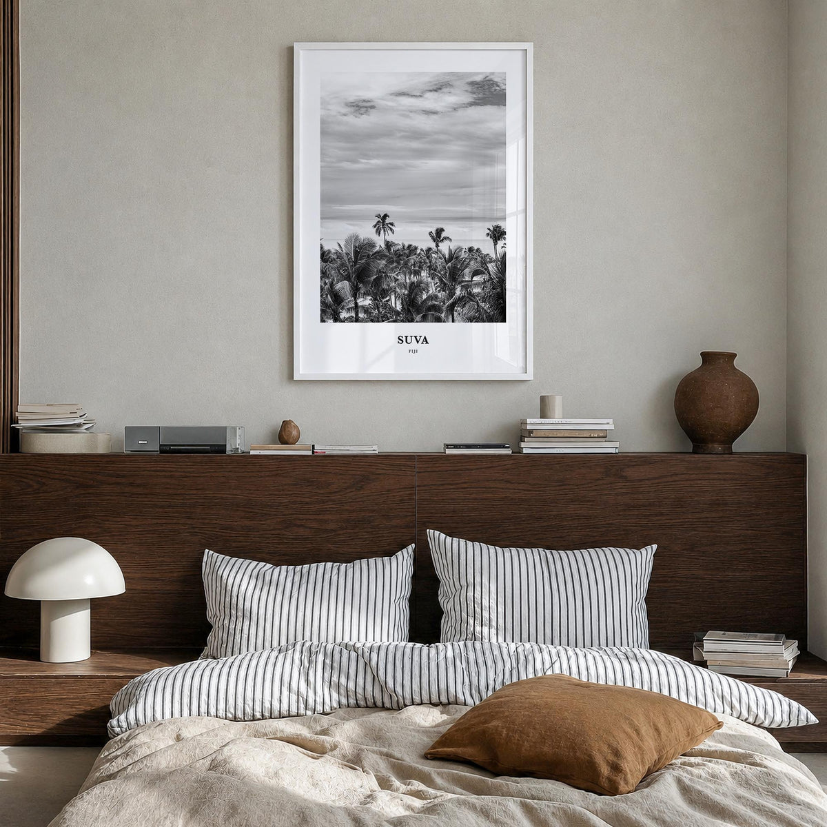 Suva black & white classic poster of Fiji – vertical wall art in white wood frame, hanging on wall