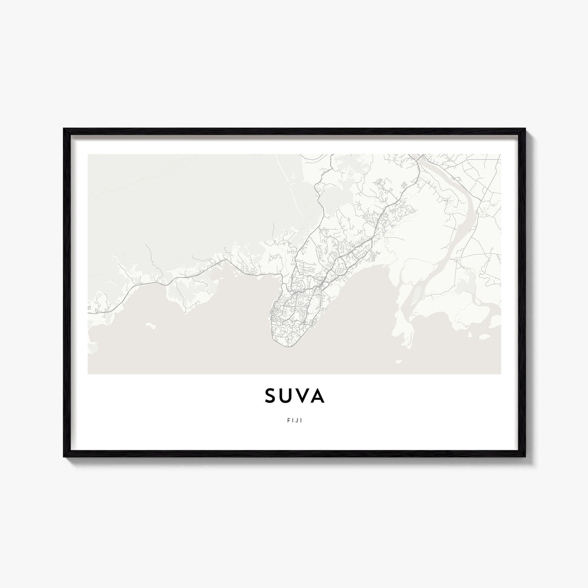 Suva black & white map poster of Fiji – horizontal wall art, unframed print shown in interior mockup