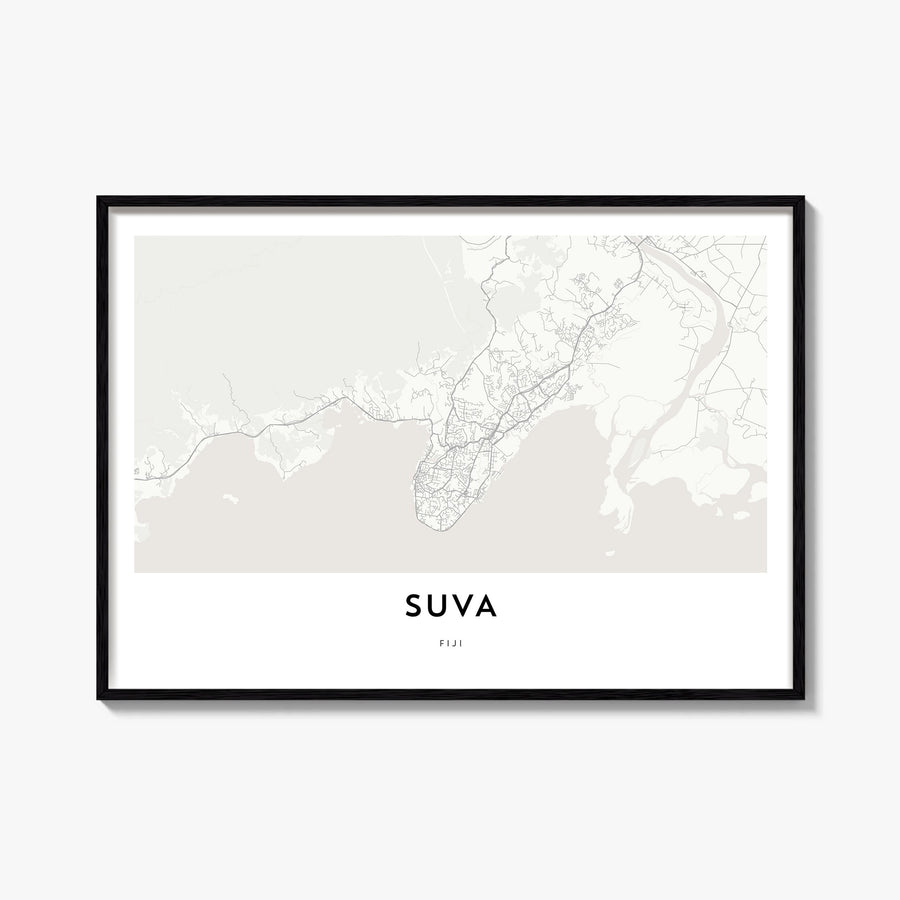 Suva black & white map poster of Fiji – horizontal wall art, unframed print shown in interior mockup