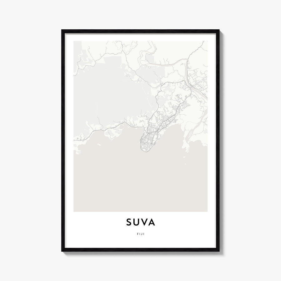 Suva black & white map poster of Fiji – vertical wall art, unframed print shown in interior mockup