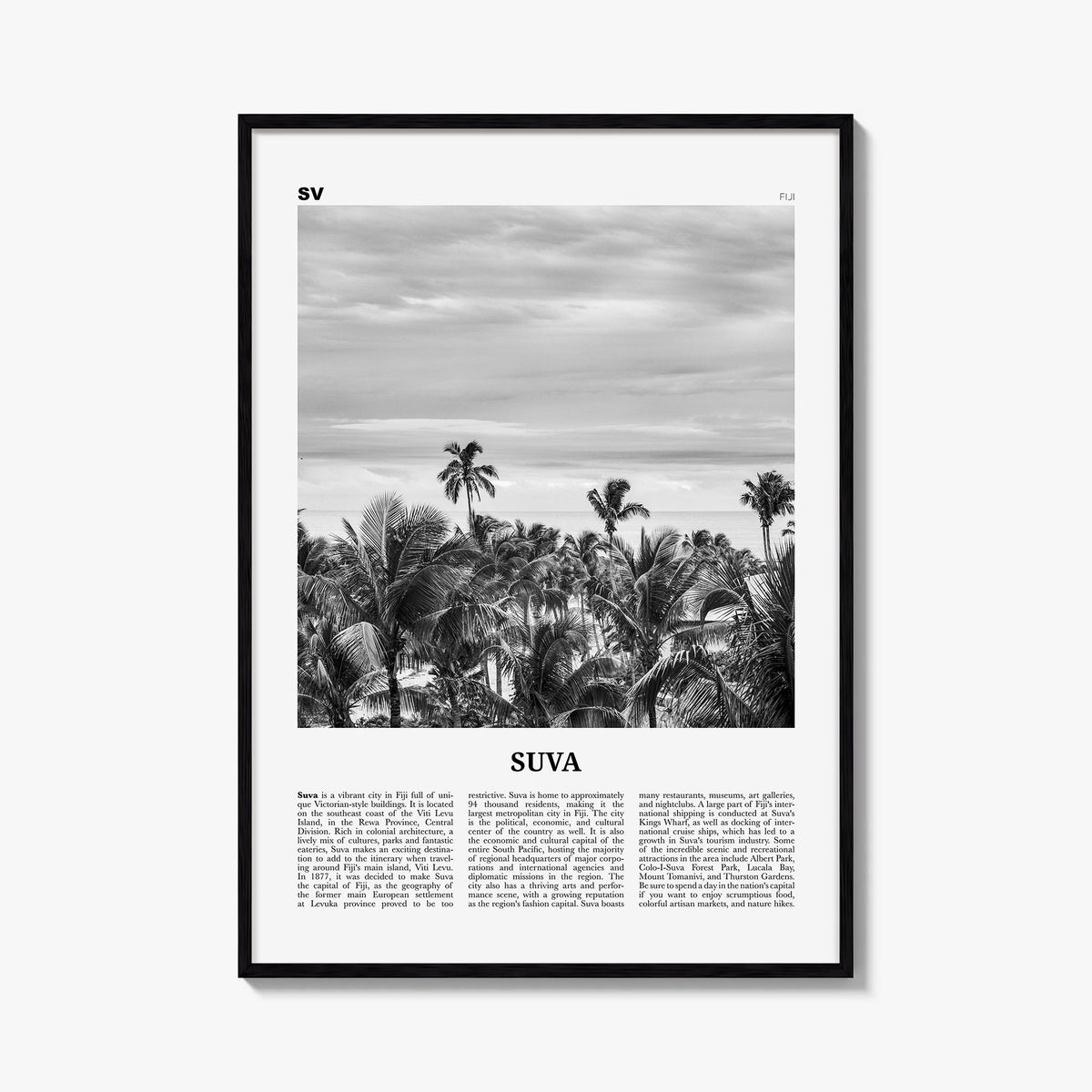Suva black & white newspaper poster of Fiji – vertical wall art, unframed print shown in interior mockup