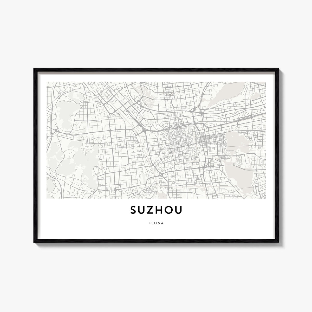 Suzhou black & white map poster of China – horizontal wall art, unframed print shown in interior mockup